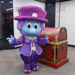 Purple Treasure Chest mascot costume character dressed with a Ball Gown and Hat pins