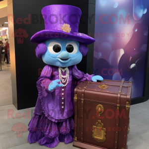 Purple Treasure Chest mascot costume character dressed with a Ball Gown and Hat pins