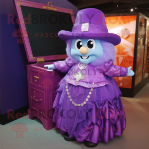 Purple Treasure Chest mascot costume character dressed with a Ball Gown and Hat pins