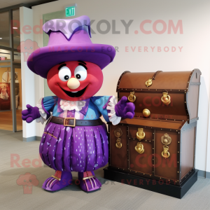 Purple Treasure Chest mascot costume character dressed with a Ball Gown and Hat pins