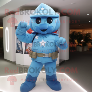 Sky Blue Soldier mascot costume character dressed with a Jumpsuit and Wraps