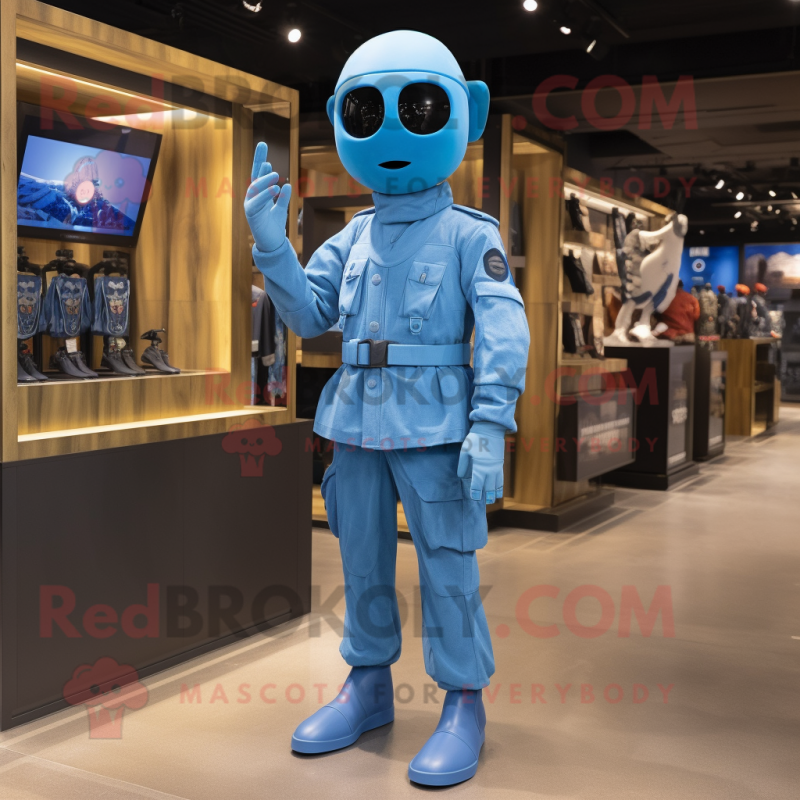 Sky Blue Soldier mascot costume character dressed with a Jumpsuit and Wraps