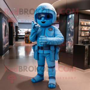 Sky Blue Soldier mascot costume character dressed with a Jumpsuit and Wraps