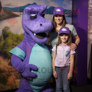 Purple Loch Ness Monster mascot costume character dressed with a Mom Jeans and Berets