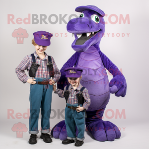 Purple Loch Ness Monster mascot costume character dressed with a Mom Jeans and Berets