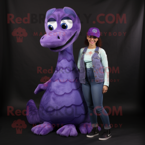 Purple Loch Ness Monster mascot costume character dressed with a Mom Jeans and Berets