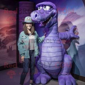 Purple Loch Ness Monster mascot costume character dressed with a Mom Jeans and Berets