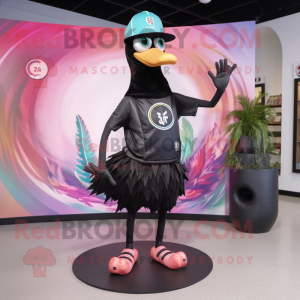 Black Flamingo mascot costume character dressed with a Yoga Pants and Hat pins