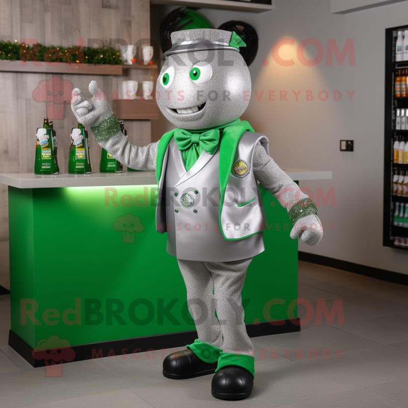 Silver Green Beer mascot costume character dressed with a Suit Jacket and Shoe laces Silver Green Beer mascot costume character dressed with a Suit Jacket and Shoe laces