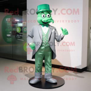 Silver Green Beer mascot costume character dressed with a Suit Jacket and Shoe laces