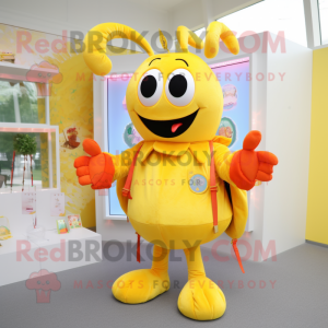 Yellow Lobster Bisque mascot costume character dressed with a Playsuit and Keychains