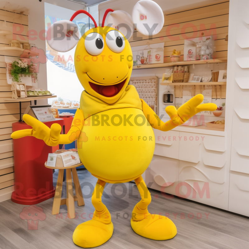 Yellow Lobster Bisque mascot costume character dressed with a Playsuit and Keychains Yellow Lobster Bisque mascot costume character dressed with a Playsuit and Keychains