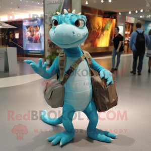 Turquoise Lizard mascot costume character dressed with a Skinny Jeans and Tote bags