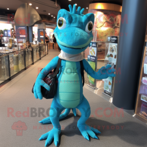 Turquoise Lizard mascot costume character dressed with a Skinny Jeans and Tote bags