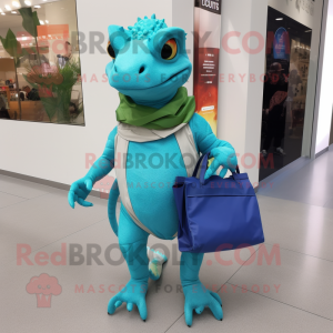 Turquoise Lizard mascot costume character dressed with a Skinny Jeans and Tote bags