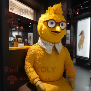 Gold Chicken mascot costume character dressed with a Sweater and Eyeglasses