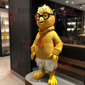 Gold Chicken mascot costume character dressed with a Sweater and Eyeglasses