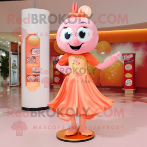 Peach Stilt Walker mascot costume character dressed with a T-Shirt and Coin purses