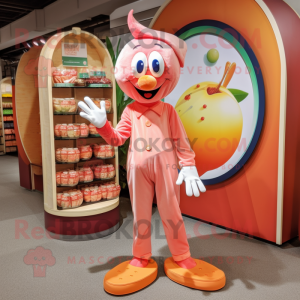 Peach Stilt Walker mascot costume character dressed with a T-Shirt and Coin purses
