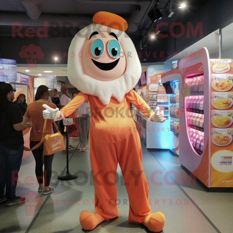 Peach Stilt Walker mascot costume character dressed with a T-Shirt and Coin purses Peach Stilt Walker mascot costume character dressed with a T-Shirt and Coin purses