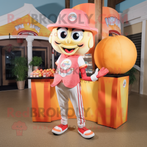 Peach Stilt Walker mascot costume character dressed with a T-Shirt and Coin purses