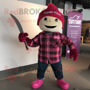 Magenta Knife Thrower mascot costume character dressed with a Flannel Shirt and Beanies