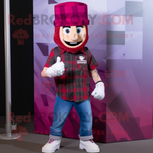 Magenta Knife Thrower mascot costume character dressed with a Flannel Shirt and Beanies