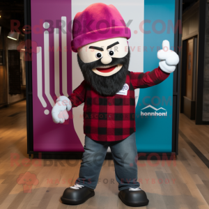 Magenta Knife Thrower mascot costume character dressed with a Flannel Shirt and Beanies