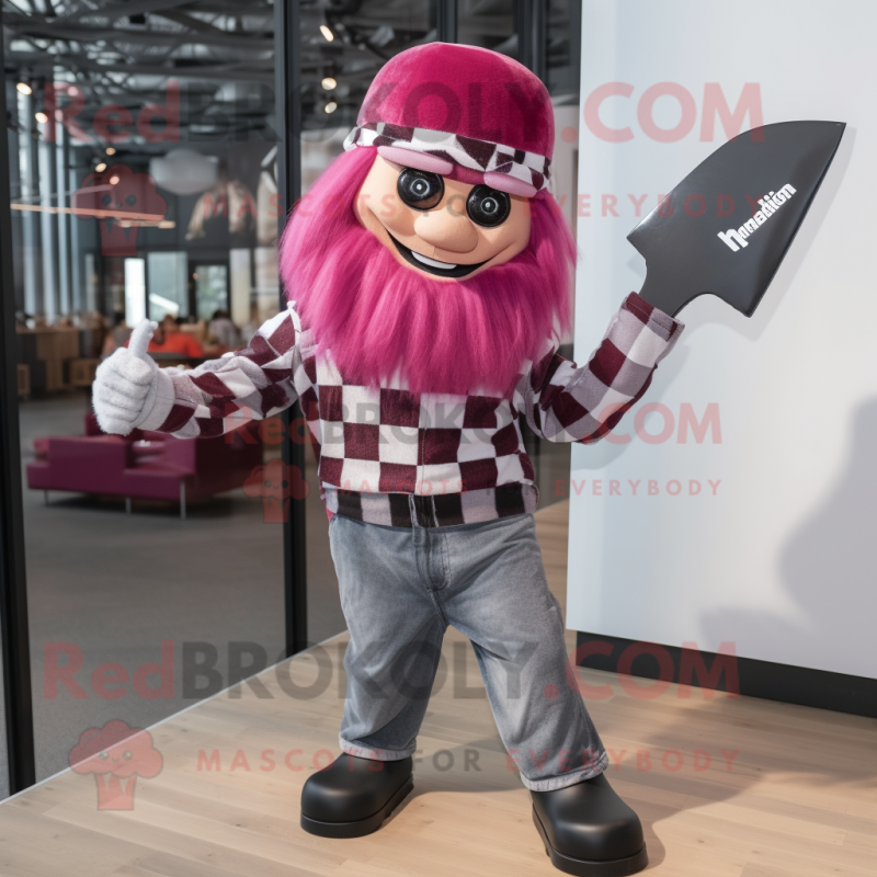 Magenta Knife Thrower mascot costume character dressed with a Flannel Shirt and Beanies