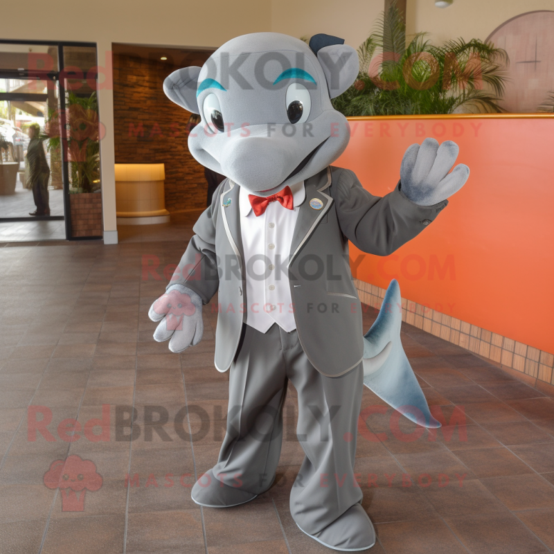 Gray Dolphin mascot costume character dressed with a Blazer and Tie pins