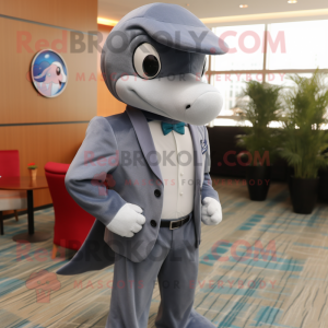 Gray Dolphin mascot costume character dressed with a Blazer and Tie pins