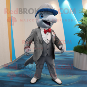 Gray Dolphin mascot costume character dressed with a Blazer and Tie pins