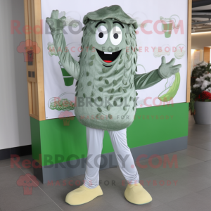 Silver Pesto Pasta mascot costume character dressed with a Jeans and Foot pads