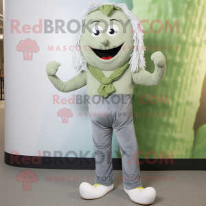Silver Pesto Pasta mascot costume character dressed with a Jeans and Foot pads