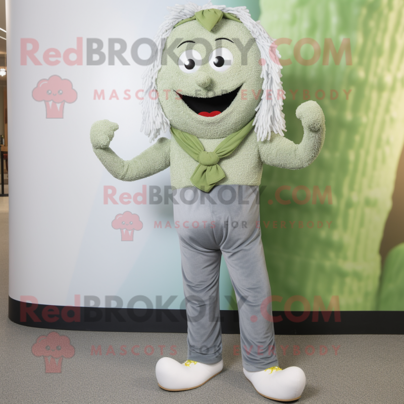 Silver Pesto Pasta mascot costume character dressed with a Jeans and Foot pads Silver Pesto Pasta mascot costume character dressed with a Jeans and Foot pads