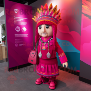 Magenta Chief mascot costume character dressed with a Playsuit and Handbags