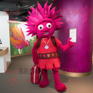 Magenta Chief mascot costume character dressed with a Playsuit and Handbags