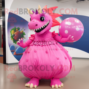 Pink Stegosaurus mascot costume character dressed with a Ball Gown and Lapel pins