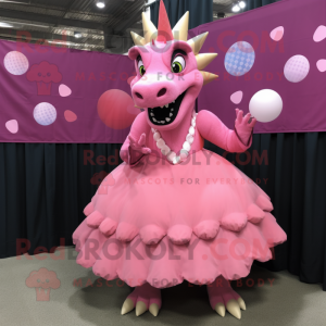 Pink Stegosaurus mascot costume character dressed with a Ball Gown and Lapel pins