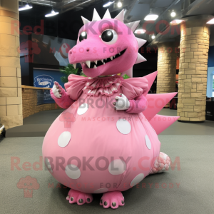 Pink Stegosaurus mascot costume character dressed with a Ball Gown and Lapel pins