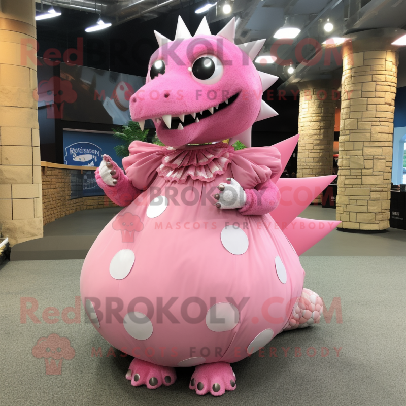 Pink Stegosaurus mascot costume character dressed with a Ball Gown and Lapel pins Pink Stegosaurus mascot costume character dressed with a Ball Gown and Lapel pins