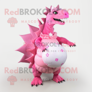 Pink Stegosaurus mascot costume character dressed with a Ball Gown and Lapel pins