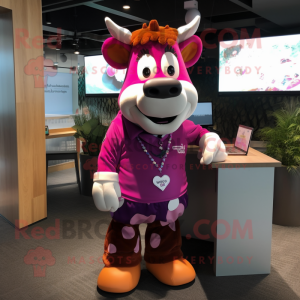 Magenta Guernsey Cow mascot costume character dressed with a Chinos and Keychains