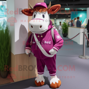 Magenta Guernsey Cow mascot costume character dressed with a Chinos and Keychains