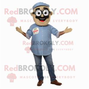 Olive Pizza mascot costume character dressed with a Denim Shirt and Eyeglasses