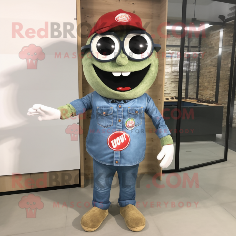 Olive Pizza mascot costume character dressed with a Denim Shirt and Eyeglasses