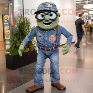 Olive Pizza mascot costume character dressed with a Denim Shirt and Eyeglasses