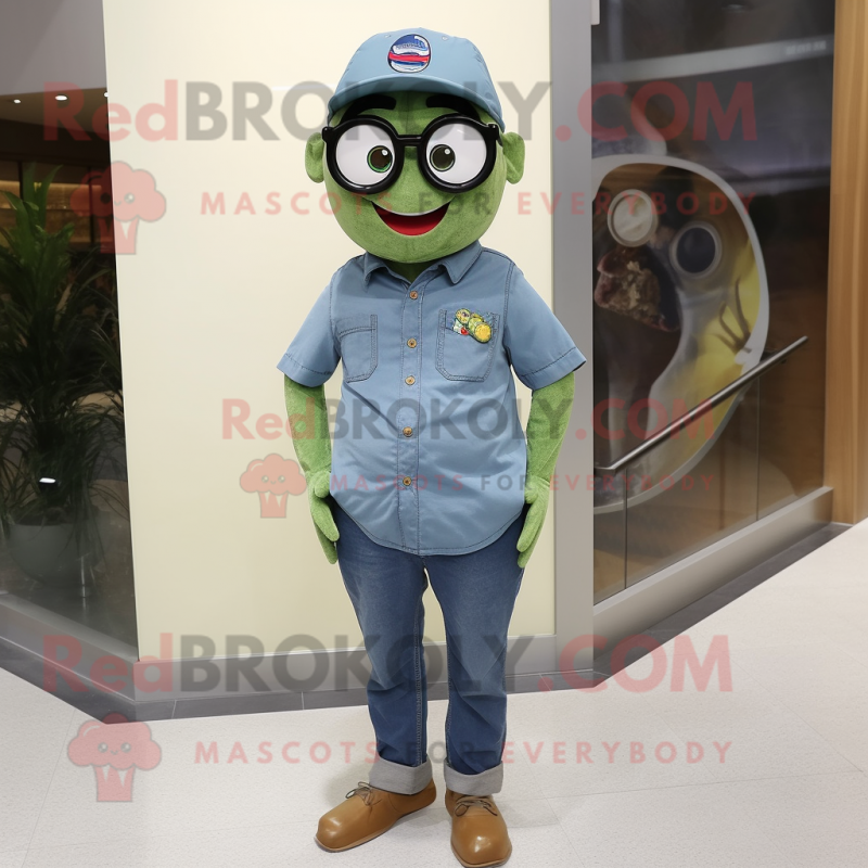 Olive Pizza mascot costume character dressed with a Denim Shirt and Eyeglasses Olive Pizza mascot costume character dressed with a Denim Shirt and Eyeglasses