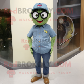 Olive Pizza mascot costume character dressed with a Denim Shirt and Eyeglasses