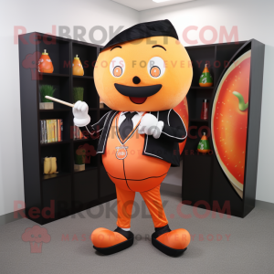 Peach Knife Thrower mascot costume character dressed with a Suit Jacket and Wallets